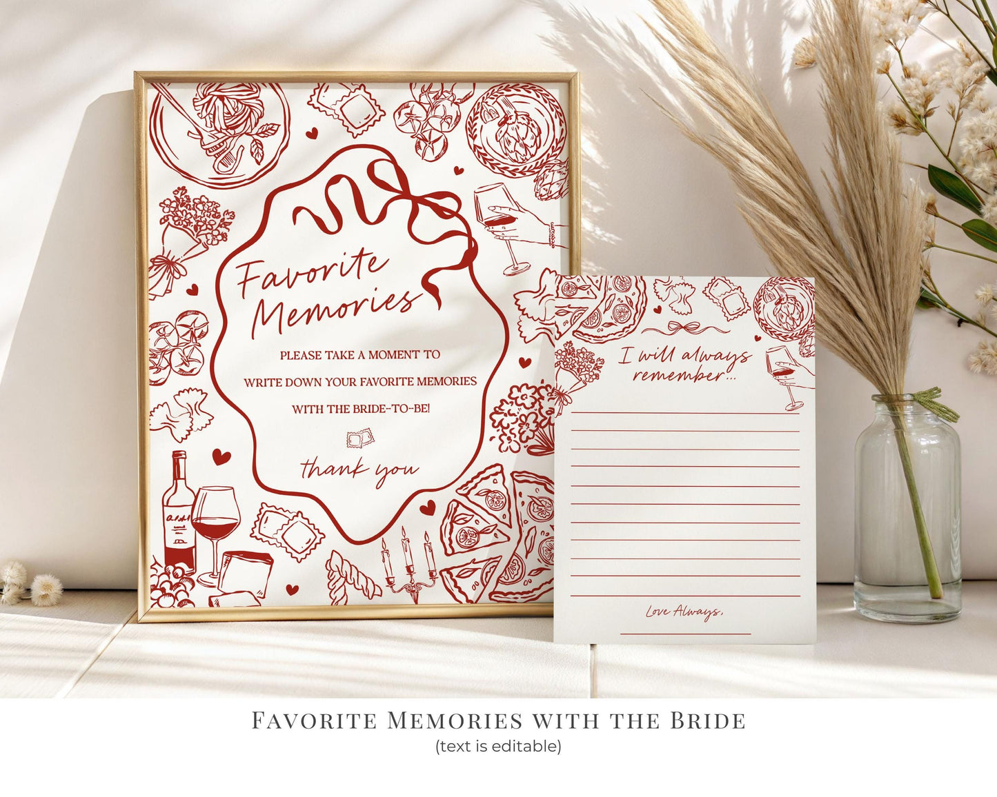 Red Pasta Bridal Shower Printable Template Bundle, That’s Amore Bridal Brunch with the Bride, Love and Pizza Italian Engagement Party WP1085