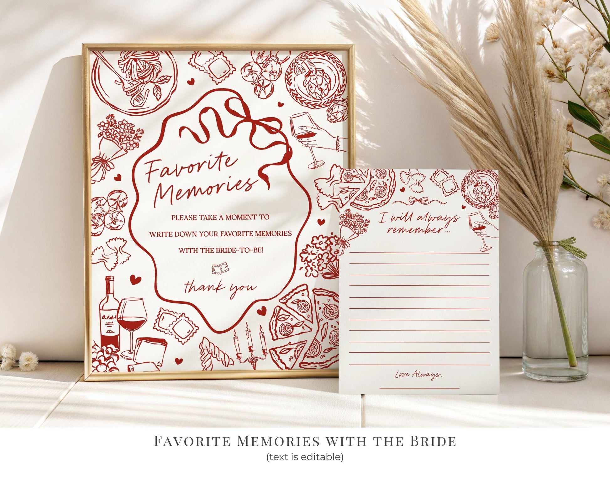 Red Pasta Bridal Shower Printable Template Bundle, That’s Amore Bridal Brunch with the Bride, Love and Pizza Italian Engagement Party WP1085