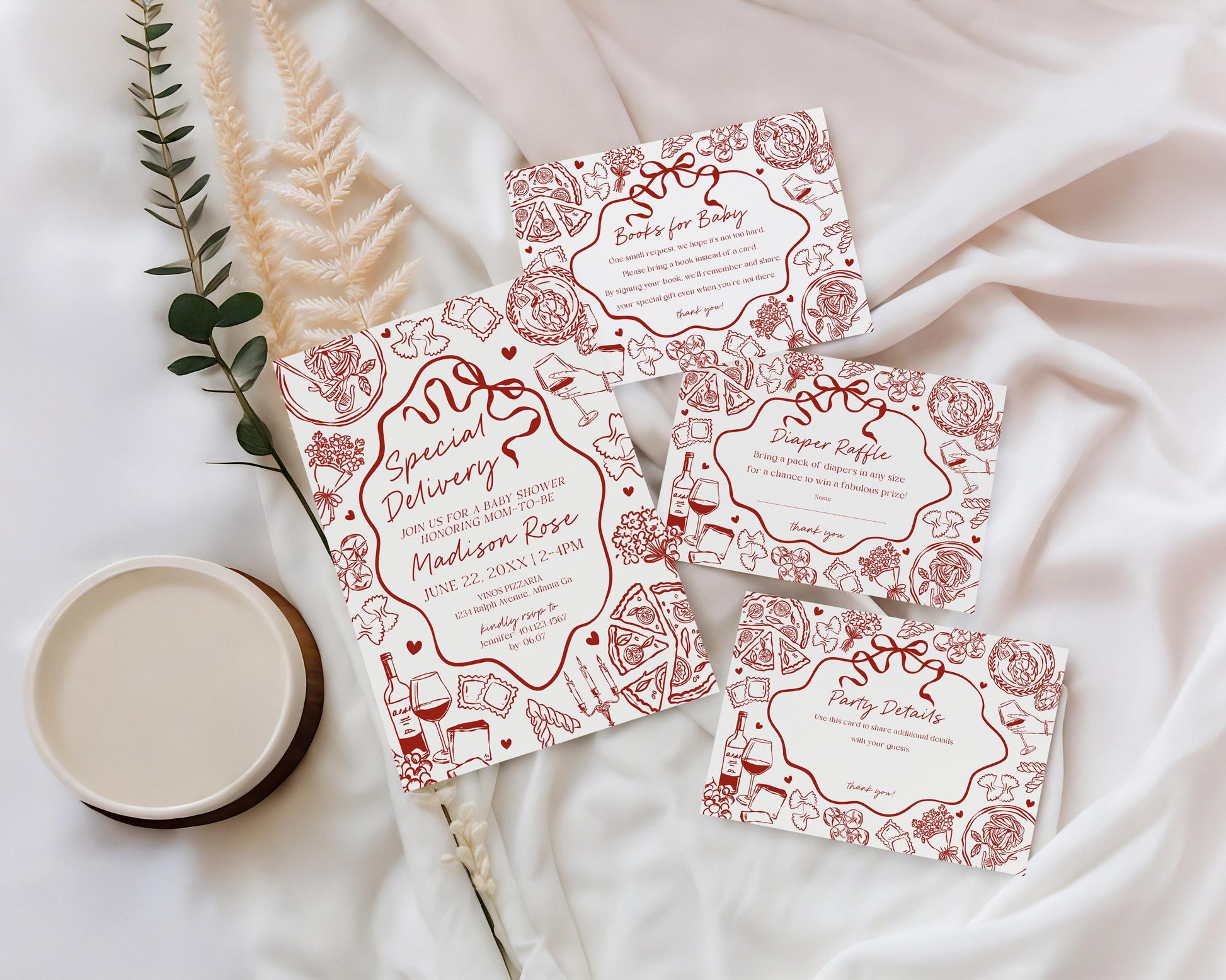 Red Pasta Baby Shower Invitation Printable Template, Special Delivery Ciao Baby Sprinkle, Italian Pasta and Pacifiers WP1085