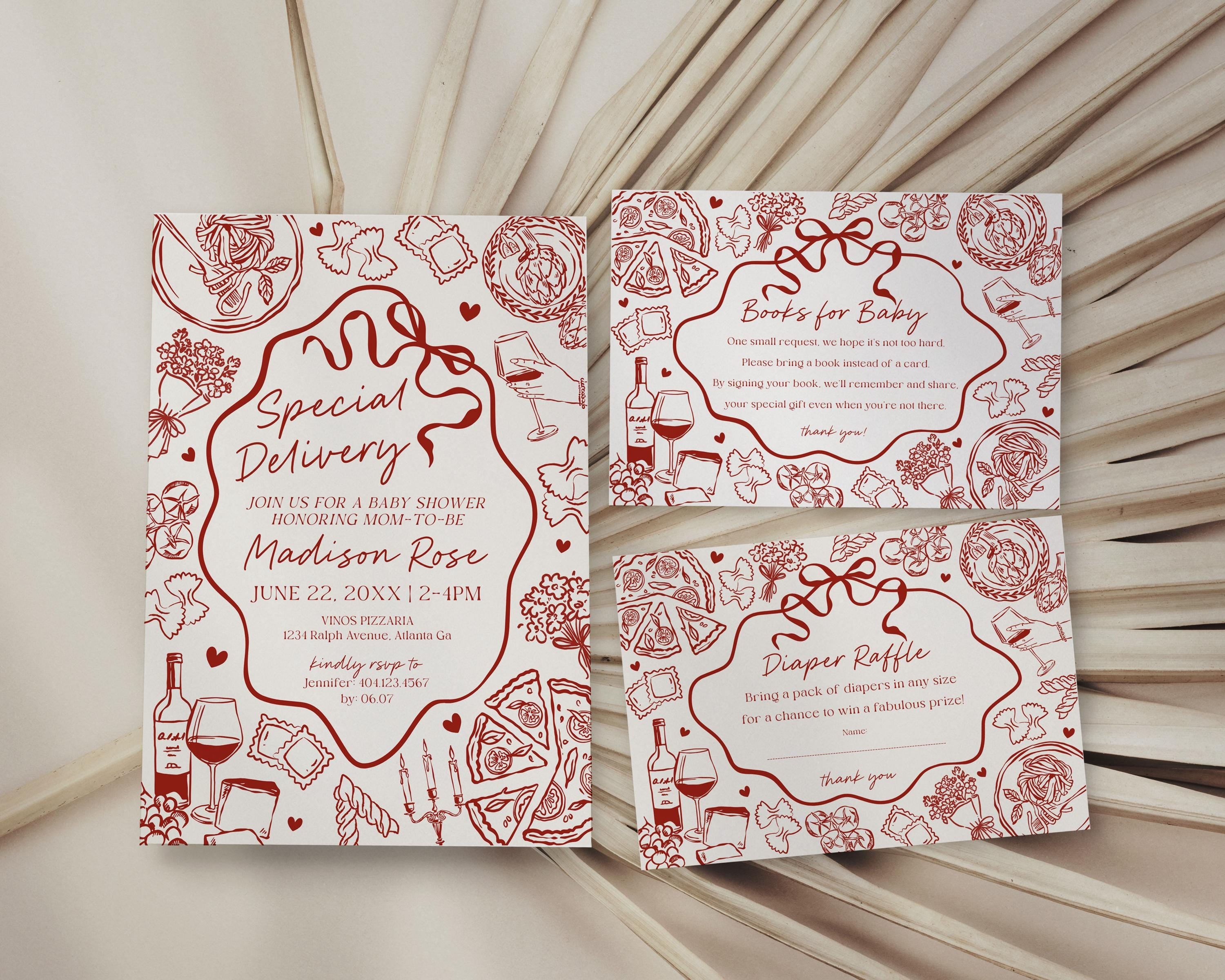 Red Pasta Baby Shower Invitation Printable Template, Special Delivery Ciao Baby Sprinkle, Italian Pasta and Pacifiers WP1085