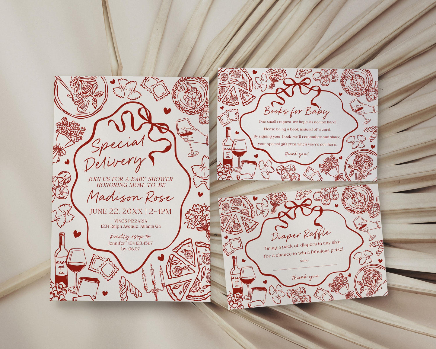 Red Pasta Baby Shower Invitation Printable Template, Special Delivery Ciao Baby Sprinkle, Italian Pasta and Pacifiers WP1085