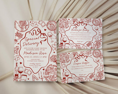 Red Pasta Baby Shower Invitation Printable Template, Special Delivery Ciao Baby Sprinkle, Italian Pasta and Pacifiers WP1085