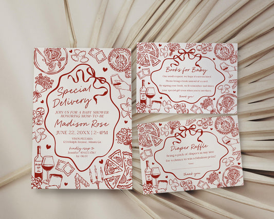 Red Pasta Baby Shower Invitation Printable Template, Special Delivery Ciao Baby Sprinkle, Italian Pasta and Pacifiers WP1085