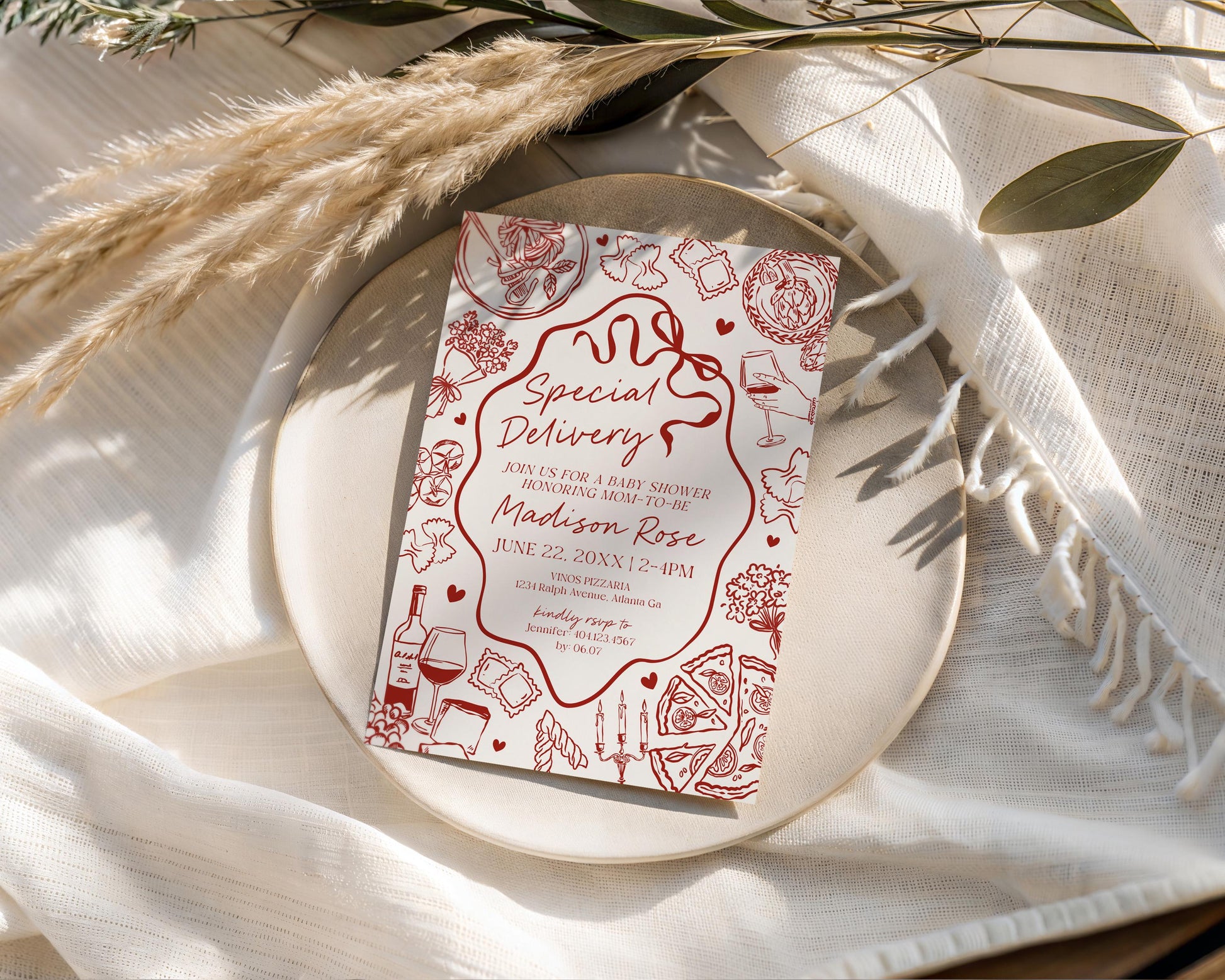 Red Pasta Baby Shower Invitation Printable Template, Special Delivery Ciao Baby Sprinkle, Italian Pasta and Pacifiers WP1085