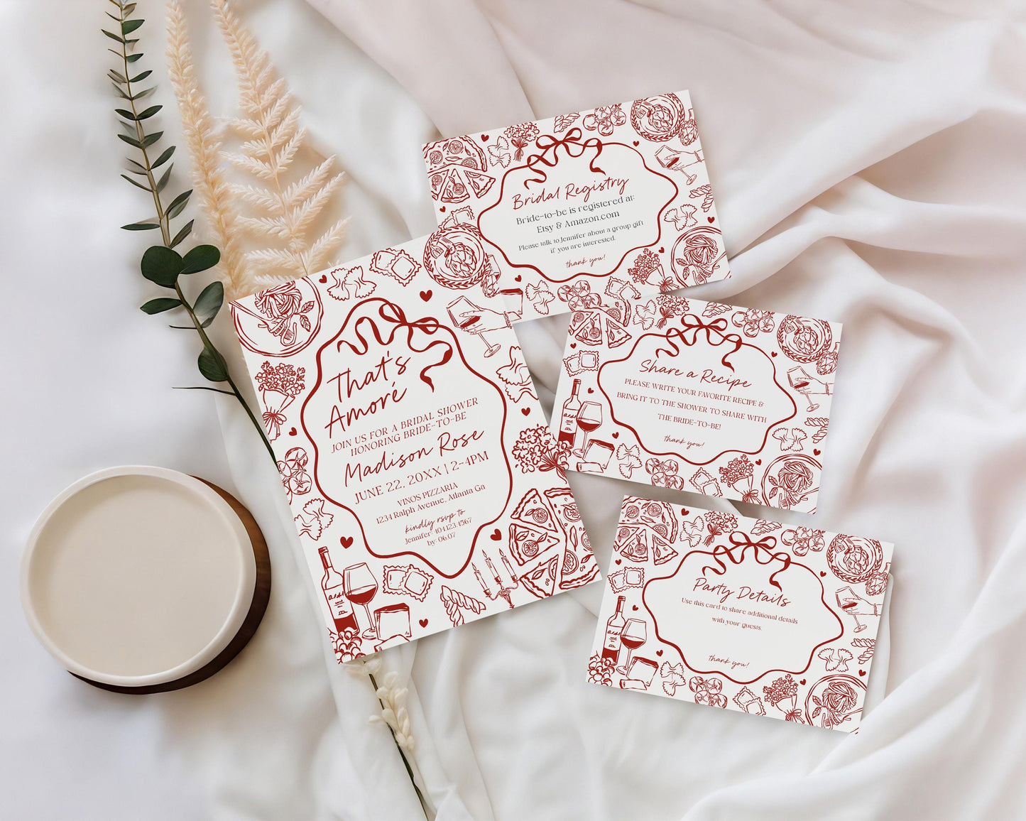 Red Pasta Bridal Shower Invitation Printable Template, That’s Amore Bridal Brunch, Love and Pizza Italian Brunch with the Bride WP1085