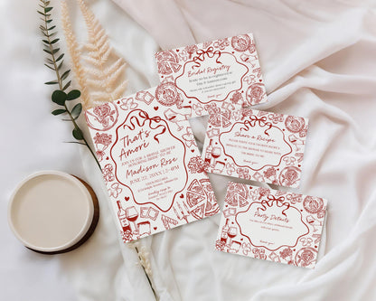 Red Pasta Bridal Shower Invitation Printable Template, That’s Amore Bridal Brunch, Love and Pizza Italian Brunch with the Bride WP1085