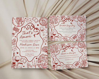 Red Pasta Bridal Shower Invitation Printable Template, That’s Amore Bridal Brunch, Love and Pizza Italian Brunch with the Bride WP1085