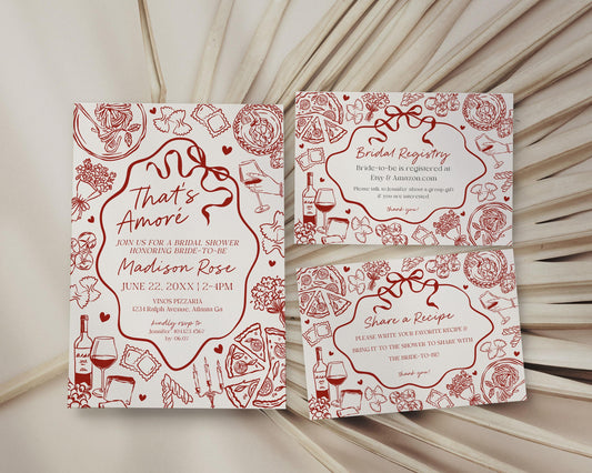 Red Pasta Bridal Shower Invitation Printable Template, That’s Amore Bridal Brunch, Love and Pizza Italian Brunch with the Bride WP1085