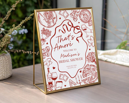 Red Pasta Bridal Shower Welcome Sign Printable Template, That’s Amore Bridal Brunch, Love and Pizza Italian Brunch with the Bride WP1085