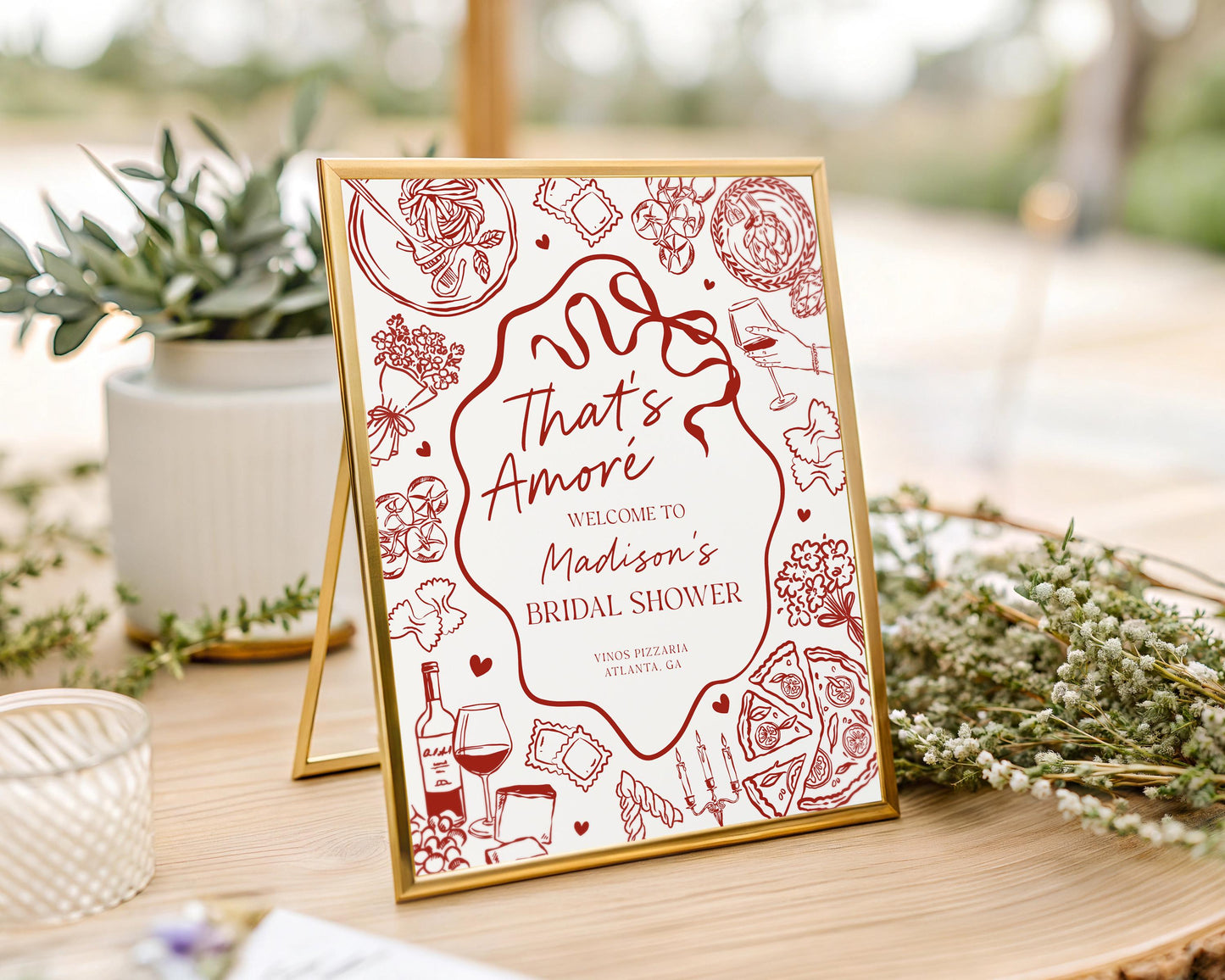 Red Pasta Bridal Shower Welcome Sign Printable Template, That’s Amore Bridal Brunch, Love and Pizza Italian Brunch with the Bride WP1085