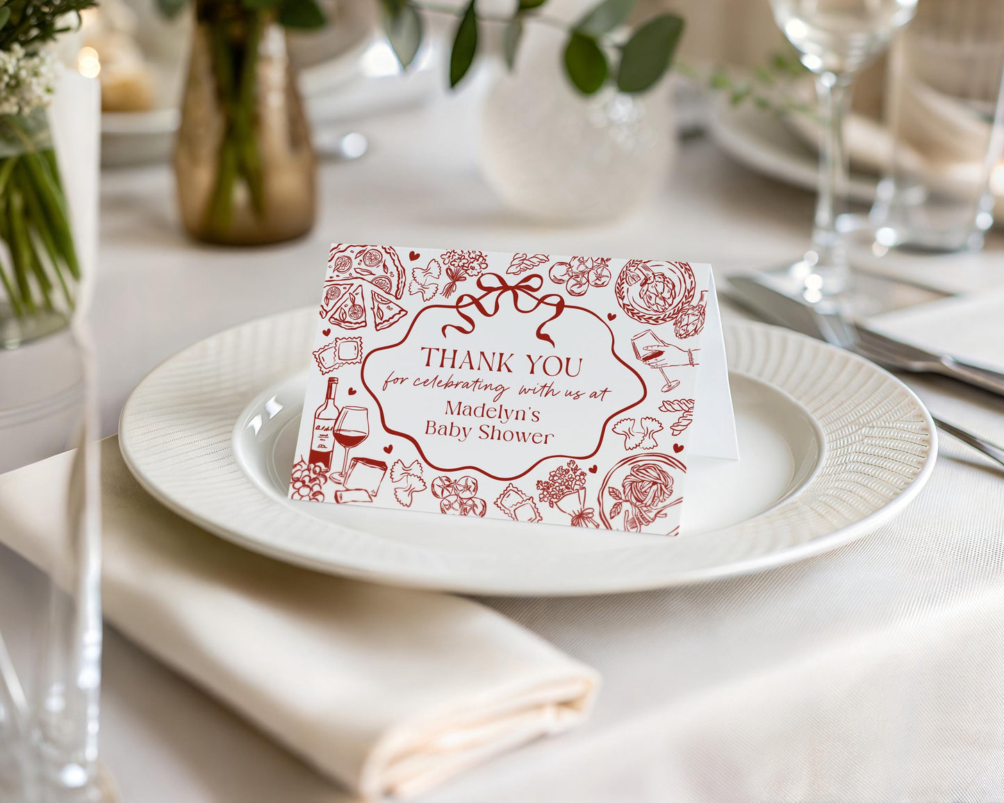 Red Pasta Thank You Card Printable Template, Special Delivery Baby Shower, That’s Amore Bridal Shower, Italian Theme Birthday Party WP1085