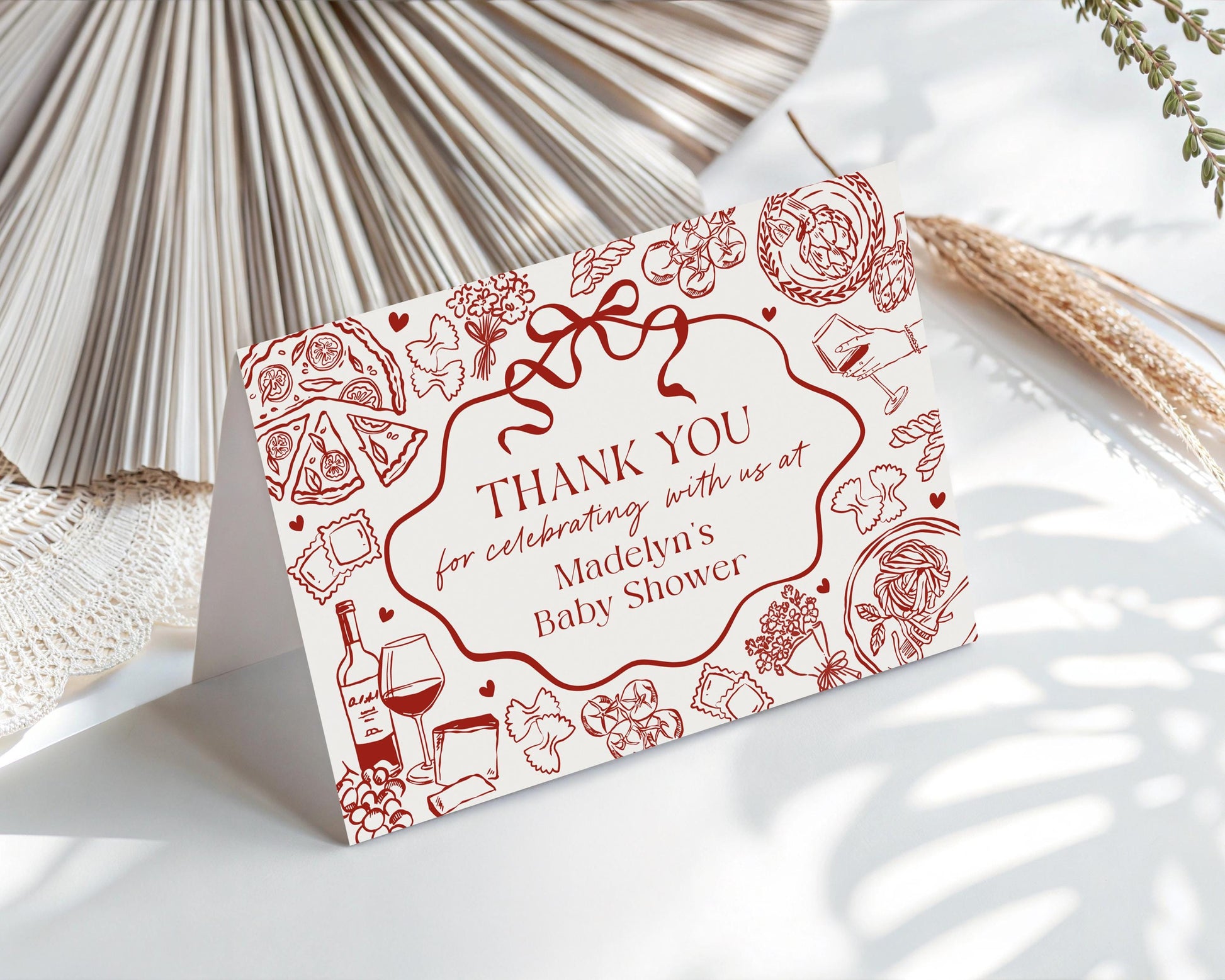 Red Pasta Thank You Card Printable Template, Special Delivery Baby Shower, That’s Amore Bridal Shower, Italian Theme Birthday Party WP1085
