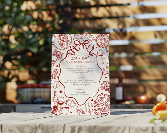 Red Pasta Printable Menu Template, Special Delivery Baby Shower, That’s Amore Bridal Shower, Italian Theme Birthday Party WP1085
