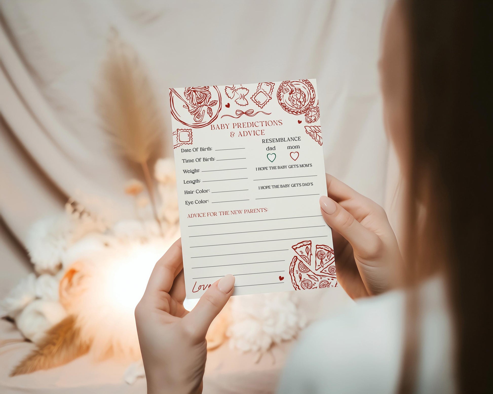 Red Pasta Advice for Baby Cards Printable Template, Special Delivery Ciao Baby Sprinkle, Italian Pasta and Pacifiers WP1085