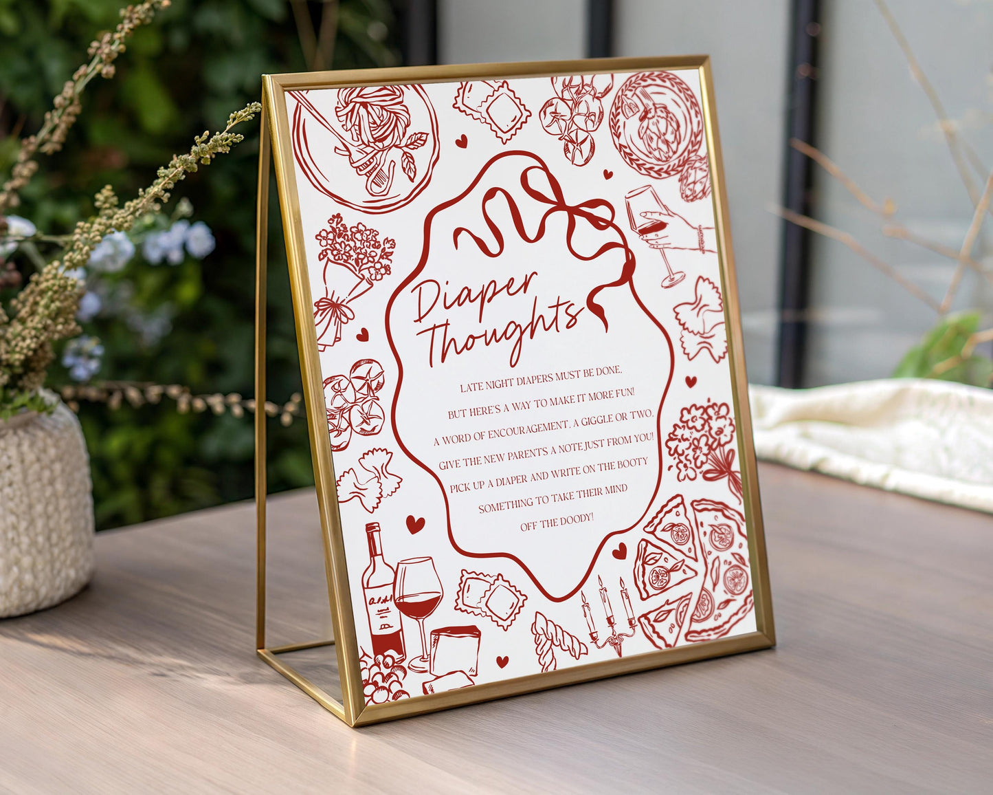 Red Pasta Baby Shower Diaper Thoughts Sign Template, Special Delivery Ciao Baby Sprinkle, Italian Pasta and Pacifiers WP1085