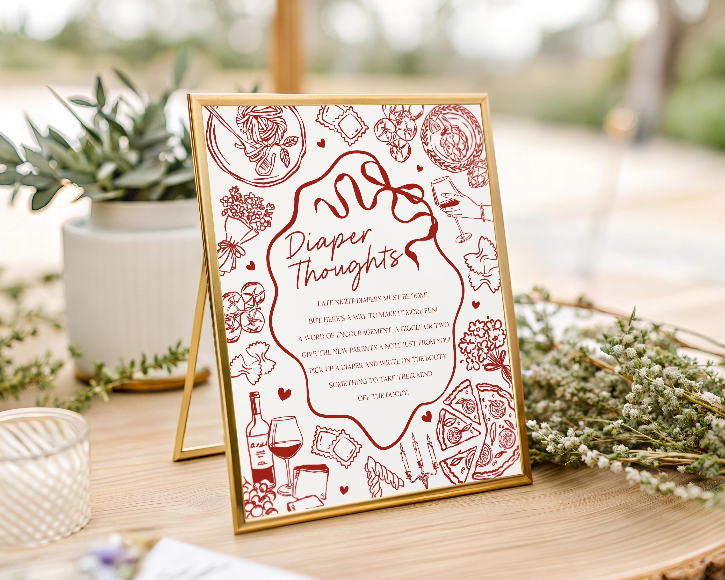 Red Pasta Baby Shower Diaper Thoughts Sign Template, Special Delivery Ciao Baby Sprinkle, Italian Pasta and Pacifiers WP1085