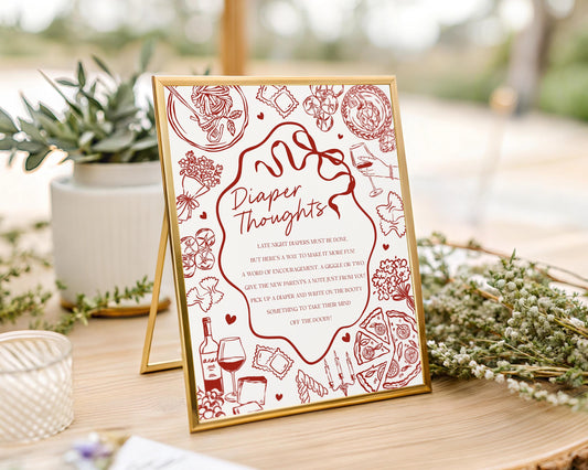 Red Pasta Baby Shower Diaper Thoughts Sign Template, Special Delivery Ciao Baby Sprinkle, Italian Pasta and Pacifiers WP1085