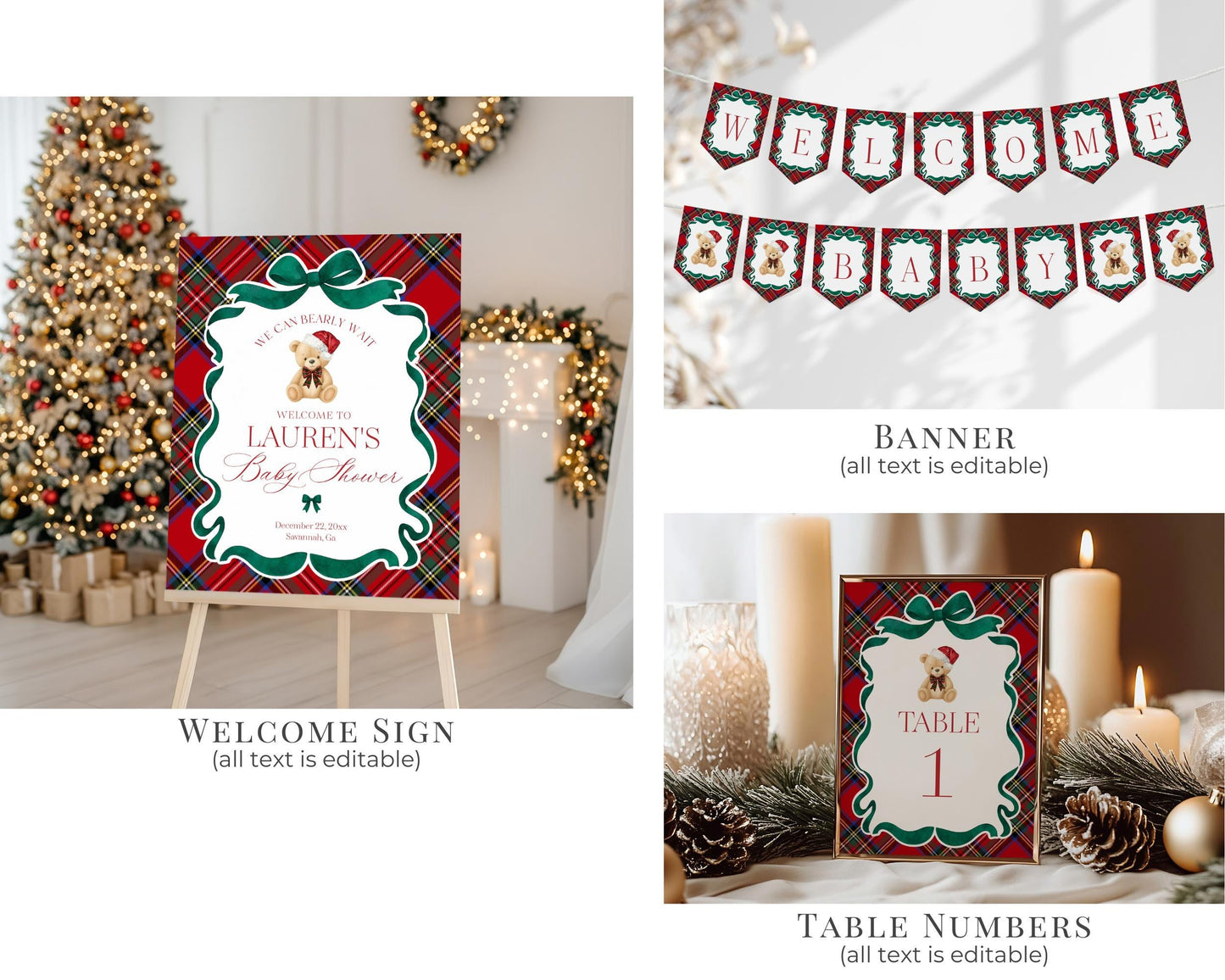 Red Tartan Plaid Christmas Bear Baby Shower Bundle Template, We Can Bearly Wait Christmas Baby Sprinkle, December Plaid Bear Nesting WP1082