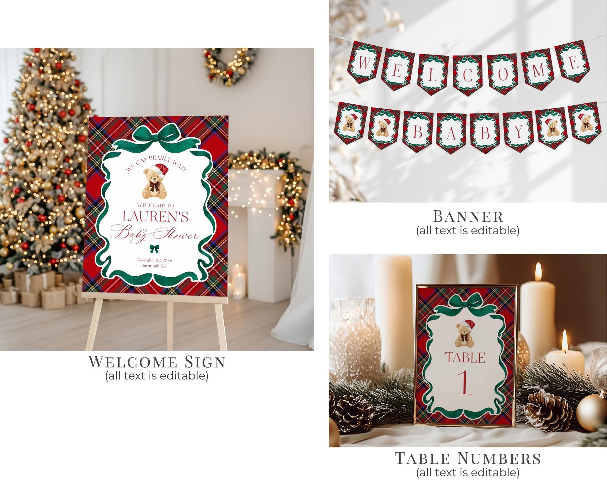 Red Tartan Plaid Christmas Bear Baby Shower Bundle Template, We Can Bearly Wait Christmas Baby Sprinkle, December Plaid Bear Nesting WP1082