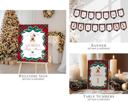 Red Tartan Plaid Christmas Bear Baby Shower Bundle Template, We Can Bearly Wait Christmas Baby Sprinkle, December Plaid Bear Nesting WP1082