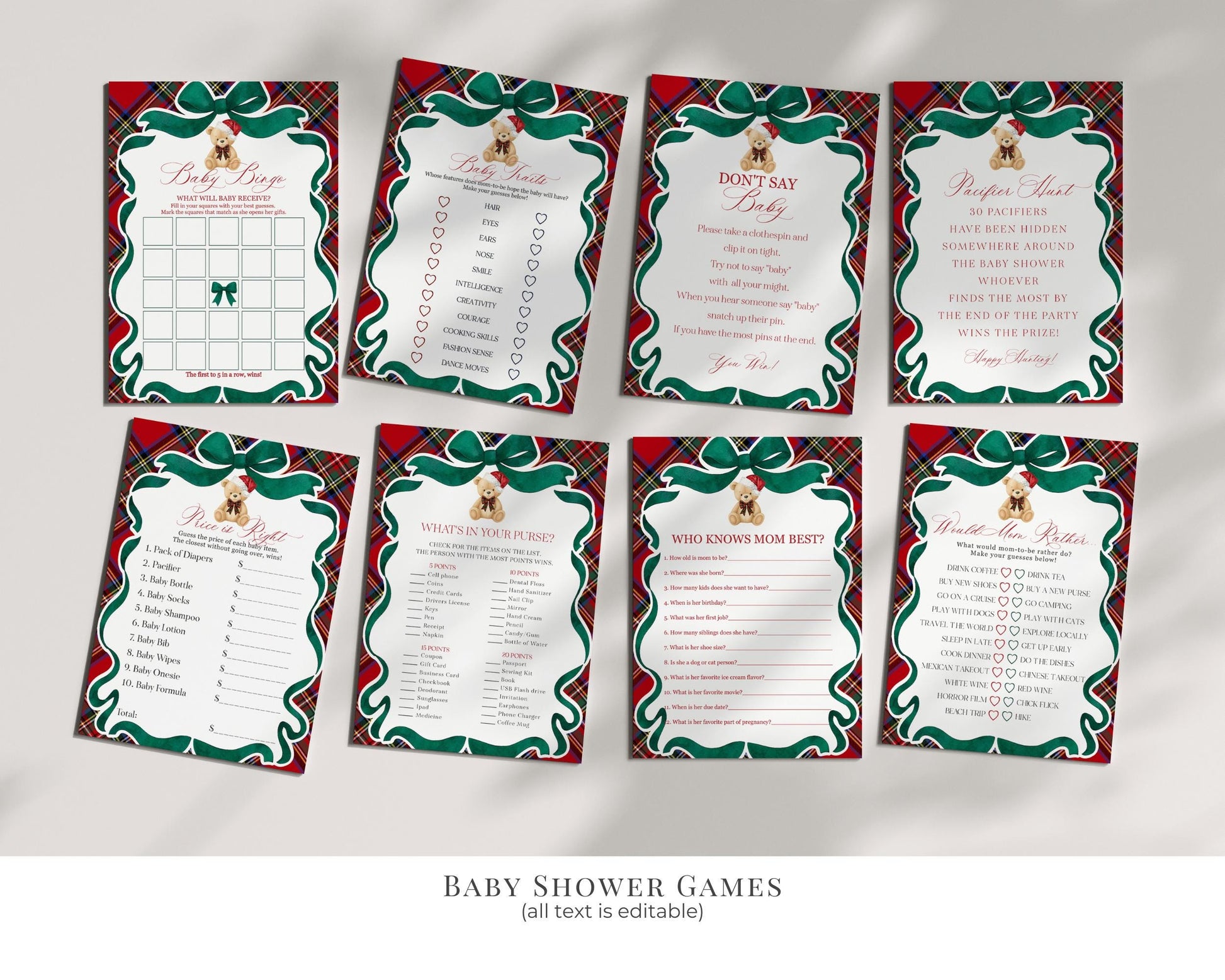 Red Tartan Plaid Christmas Bear Baby Shower Bundle Template, We Can Bearly Wait Christmas Baby Sprinkle, December Plaid Bear Nesting WP1082