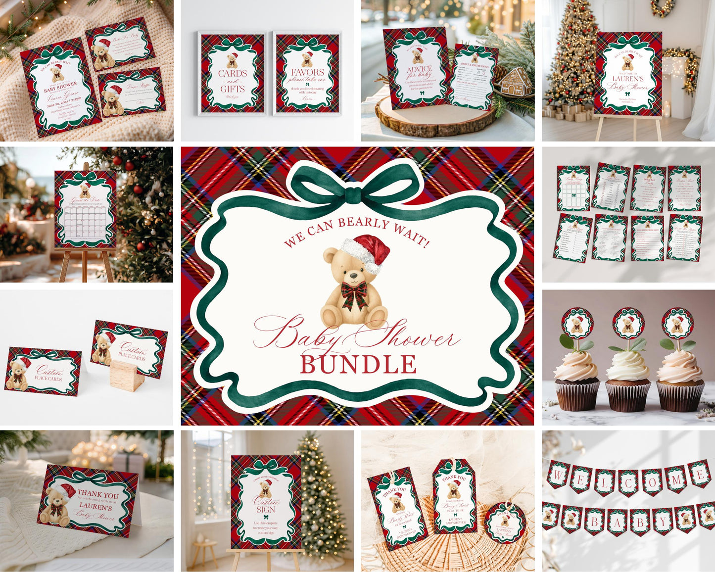 Red Tartan Plaid Christmas Bear Baby Shower Bundle Template, We Can Bearly Wait Christmas Baby Sprinkle, December Plaid Bear Nesting WP1082