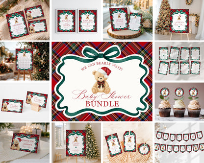 Red Tartan Plaid Christmas Bear Baby Shower Bundle Template, We Can Bearly Wait Christmas Baby Sprinkle, December Plaid Bear Nesting WP1082