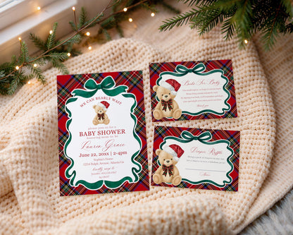 Red Tartan Plaid Christmas Bear Baby Shower Bundle Template, We Can Bearly Wait Christmas Baby Sprinkle, December Plaid Bear Nesting WP1082