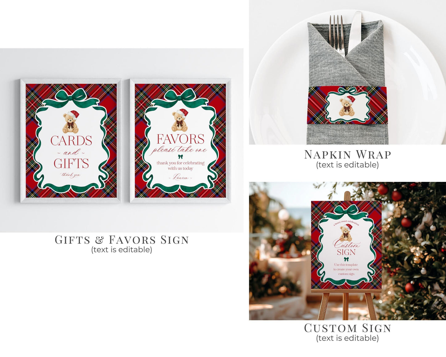 Red Tartan Plaid Christmas Bear 1st Birthday Bundle Template, Beary First Birthday Christmas Bday Party Decor, December Plaid Bear WP1082