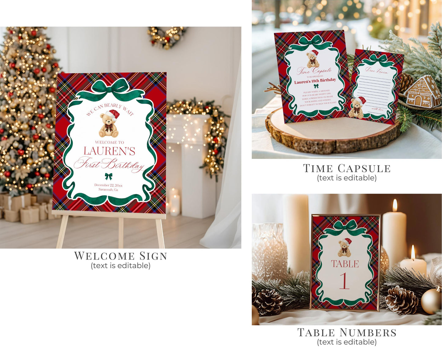 Red Tartan Plaid Christmas Bear 1st Birthday Bundle Template, Beary First Birthday Christmas Bday Party Decor, December Plaid Bear WP1082