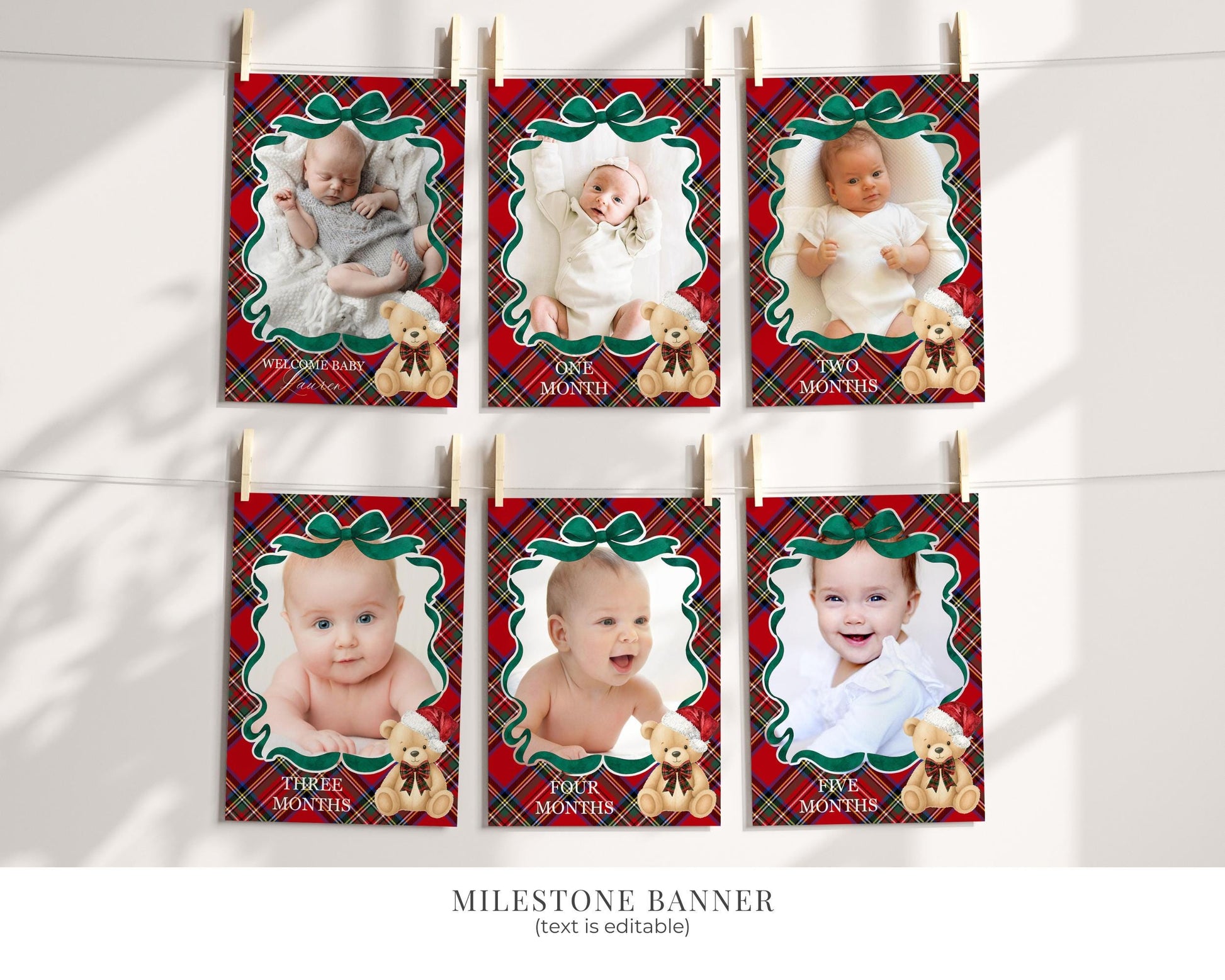 Red Tartan Plaid Christmas Bear 1st Birthday Bundle Template, Beary First Birthday Christmas Bday Party Decor, December Plaid Bear WP1082