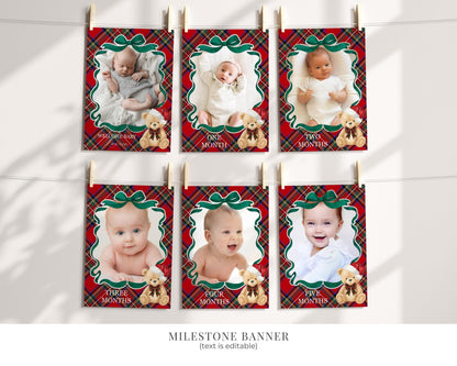 Red Tartan Plaid Christmas Bear 1st Birthday Bundle Template, Beary First Birthday Christmas Bday Party Decor, December Plaid Bear WP1082