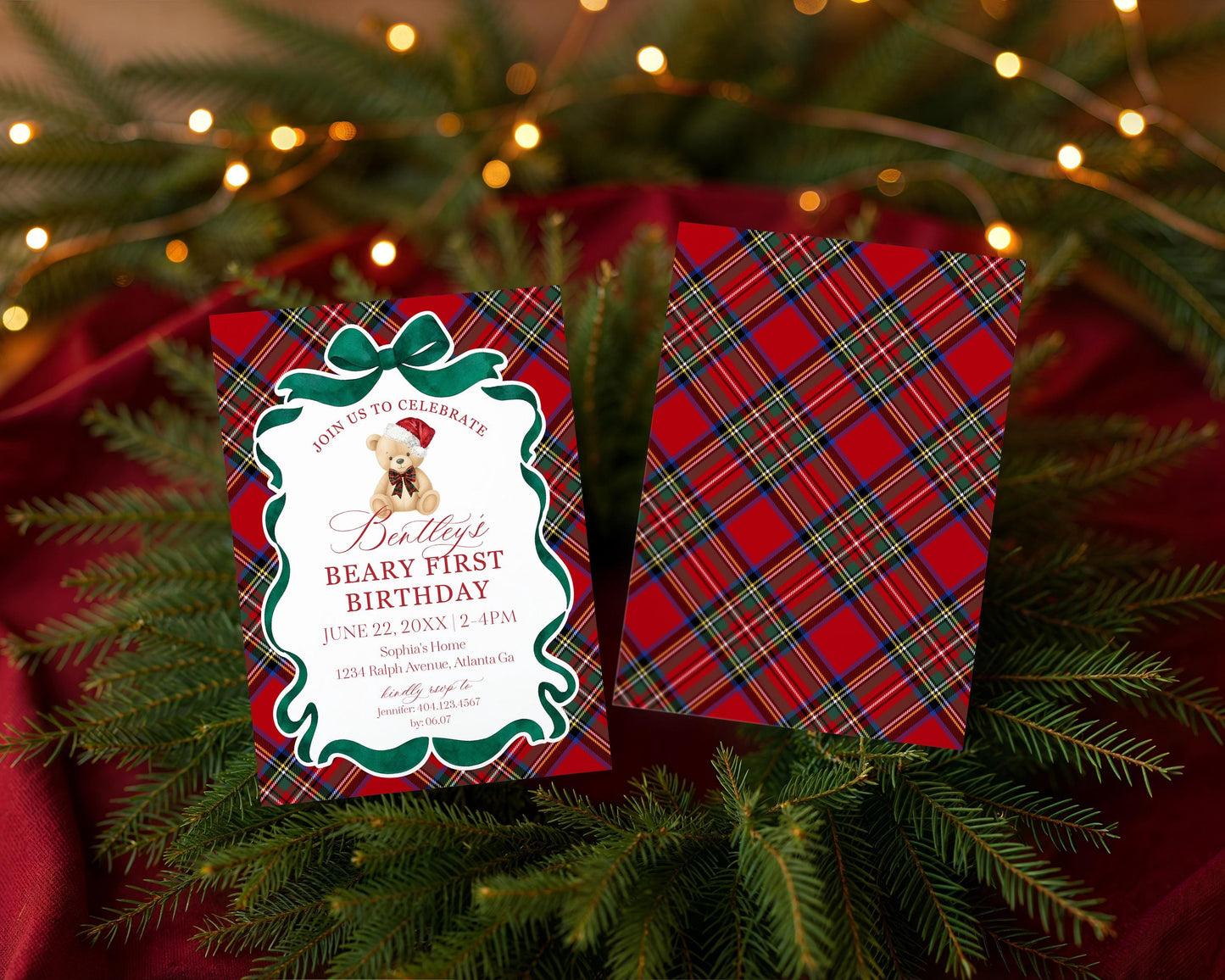 Red Tartan Plaid Christmas Bear 1st Birthday Bundle Template, Beary First Birthday Christmas Bday Party Decor, December Plaid Bear WP1082