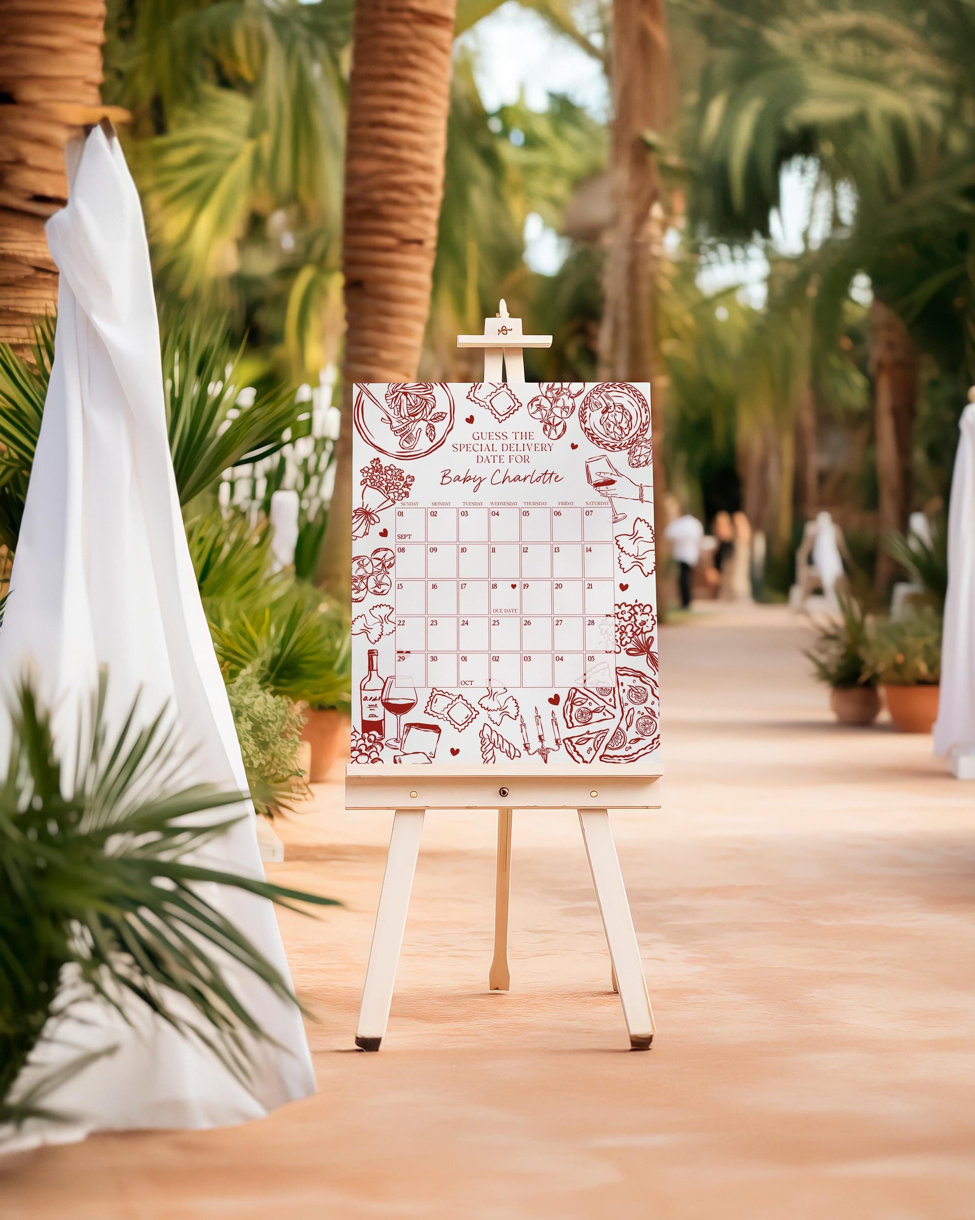 Red Pasta Baby Shower Guess the Date Game Template, Special Delivery Ciao Baby Sprinkle, Italian Pasta and Pacifiers WP1085