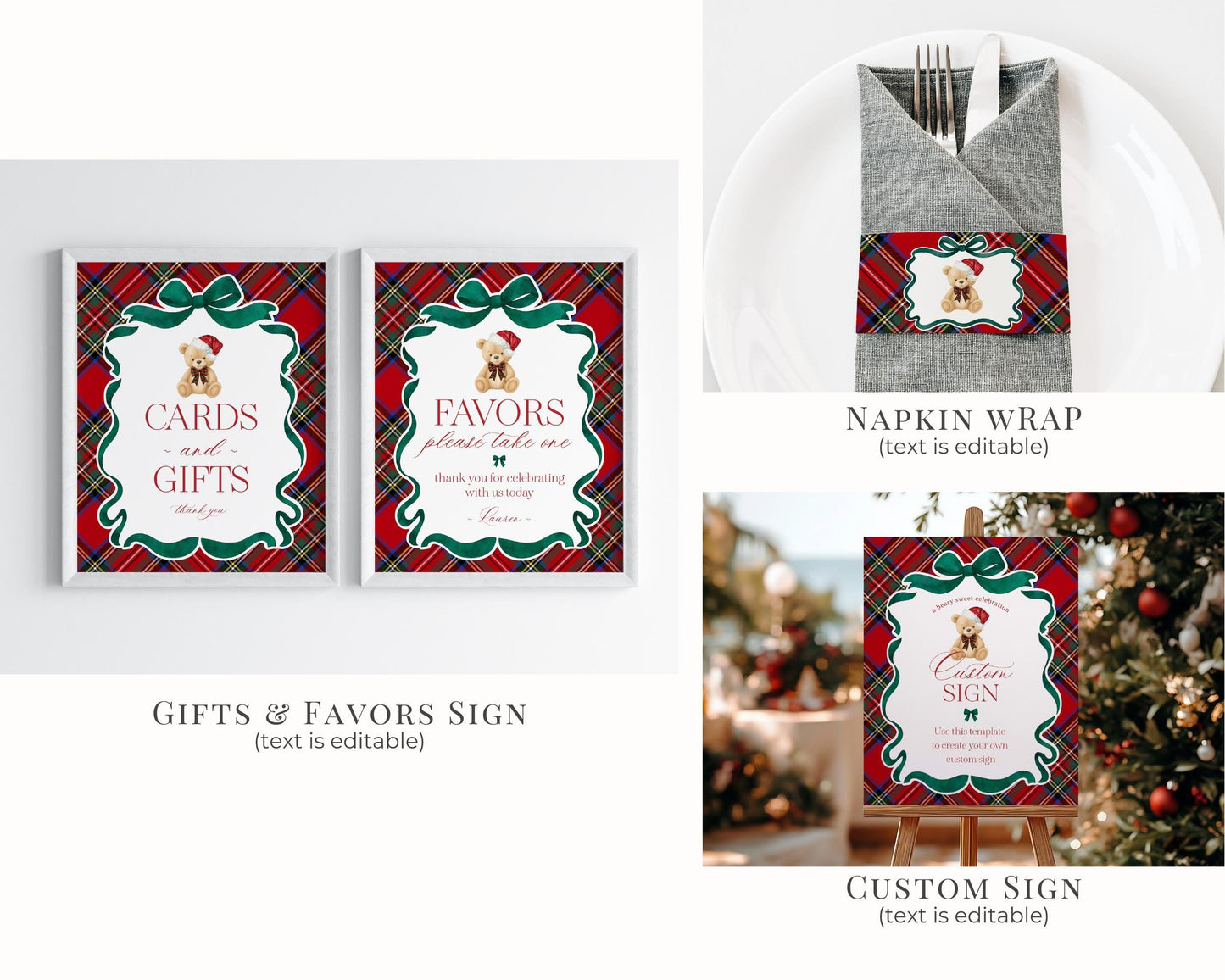 Red Tartan Plaid Christmas Bear Birthday Bundle Template, Christmas Teddy Bear Birthday Party, December Plaid Bear Party Decorations WP1082