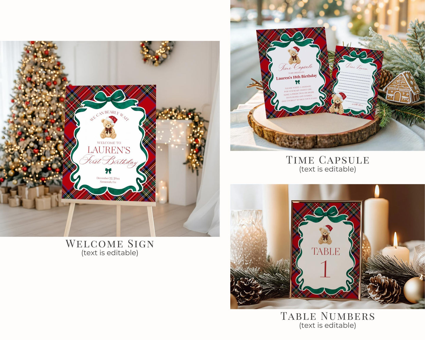 Red Tartan Plaid Christmas Bear Birthday Bundle Template, Christmas Teddy Bear Birthday Party, December Plaid Bear Party Decorations WP1082