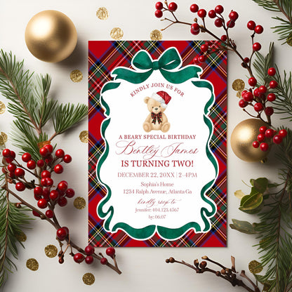 Red Tartan Plaid Christmas Bear Birthday Bundle Template, Christmas Teddy Bear Birthday Party, December Plaid Bear Party Decorations WP1082