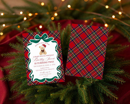 Red Tartan Plaid Christmas Bear Birthday Bundle Template, Christmas Teddy Bear Birthday Party, December Plaid Bear Party Decorations WP1082