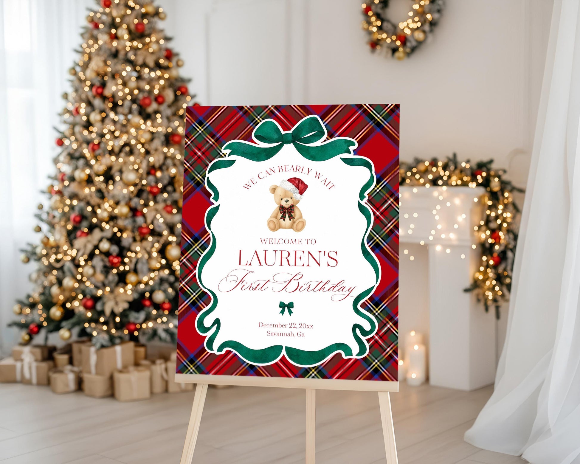 Red Tartan Plaid Christmas Bear Birthday Bundle Template, Christmas Teddy Bear Birthday Party, December Plaid Bear Party Decorations WP1082