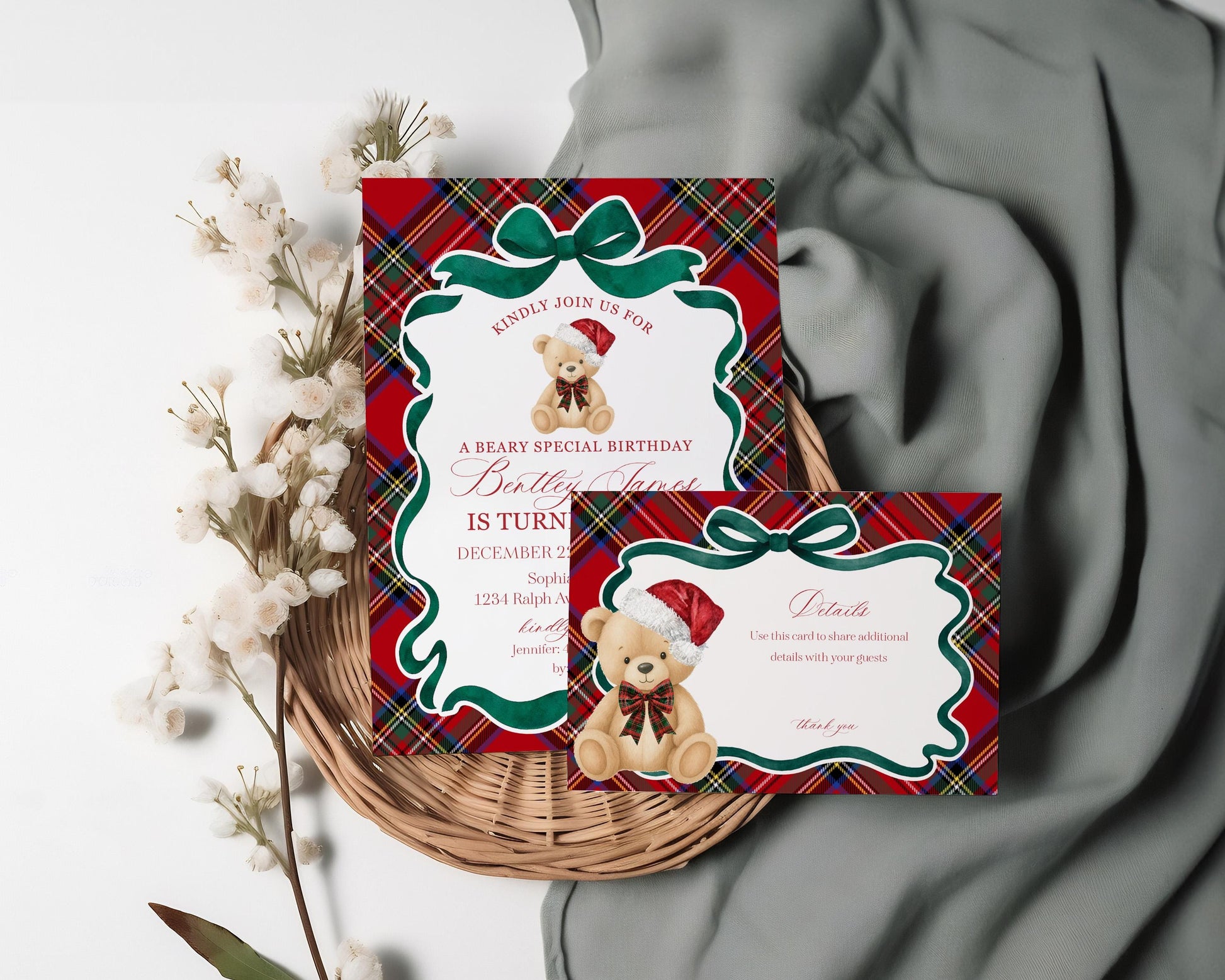 Red Tartan Plaid Christmas Bear Birthday Bundle Template, Christmas Teddy Bear Birthday Party, December Plaid Bear Party Decorations WP1082