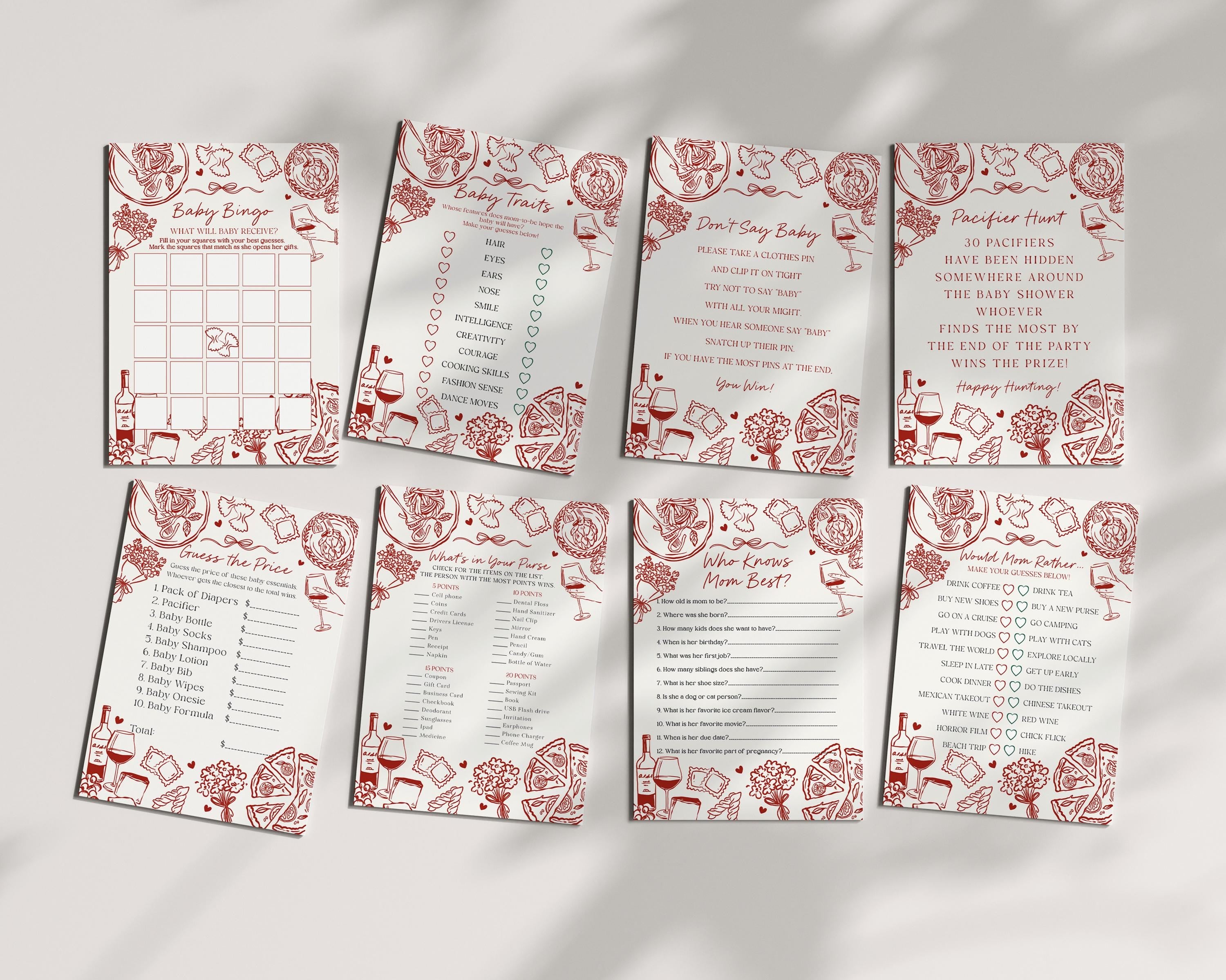Red Pasta Baby Shower Games Set Printable Template, Special Delivery Ciao Baby Sprinkle, Italian Pasta and Pacifiers WP1085