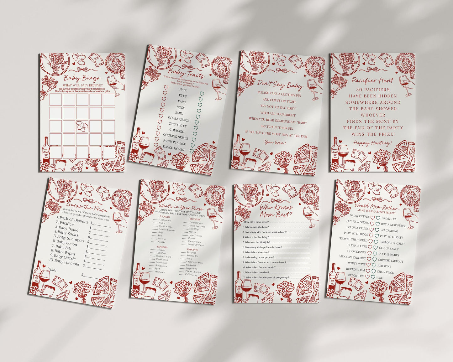 Red Pasta Baby Shower Games Set Printable Template, Special Delivery Ciao Baby Sprinkle, Italian Pasta and Pacifiers WP1085