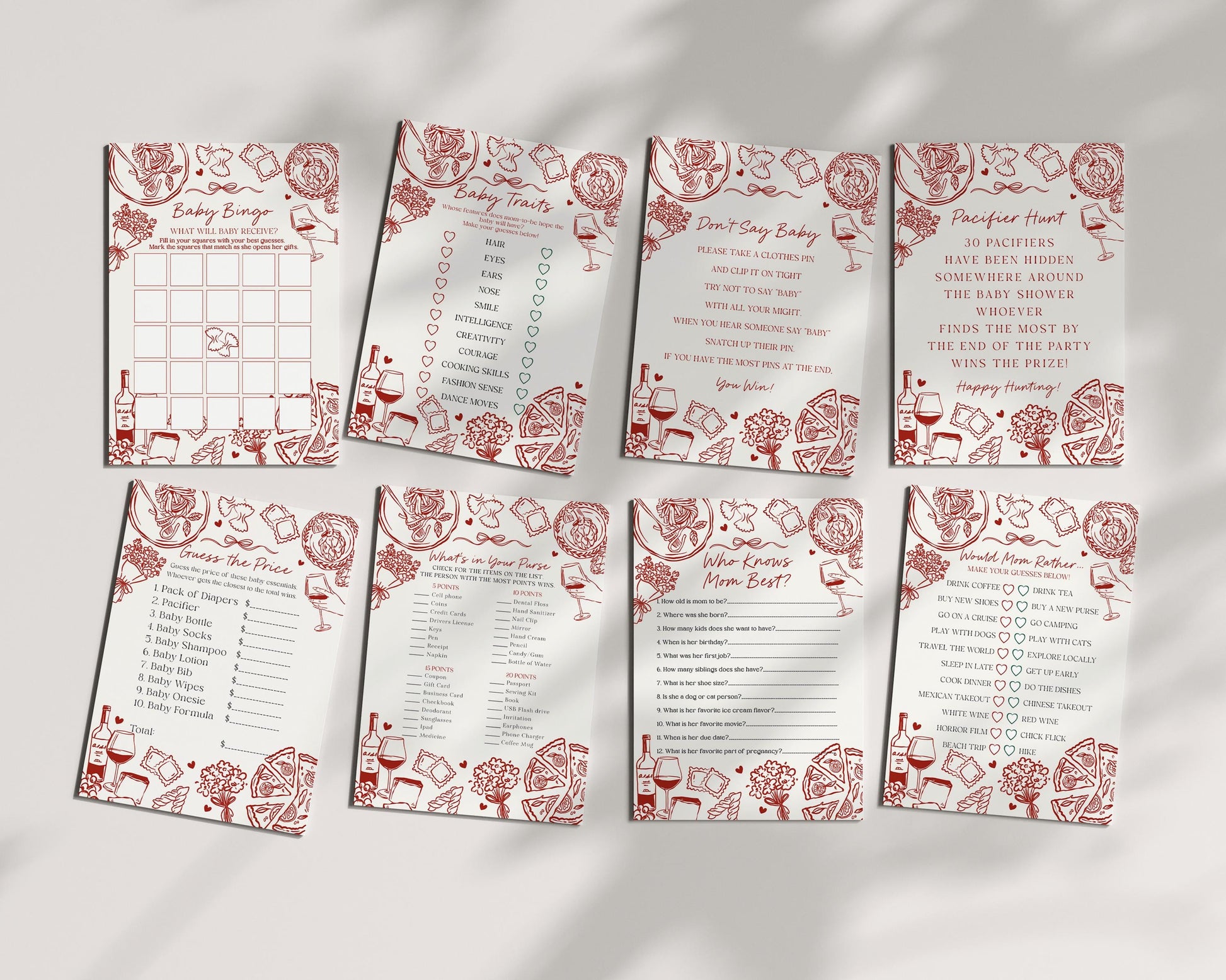Red Pasta Baby Shower Games Set Printable Template, Special Delivery Ciao Baby Sprinkle, Italian Pasta and Pacifiers WP1085