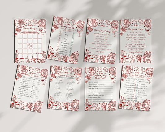 Red Pasta Baby Shower Games Set Printable Template, Special Delivery Ciao Baby Sprinkle, Italian Pasta and Pacifiers WP1085