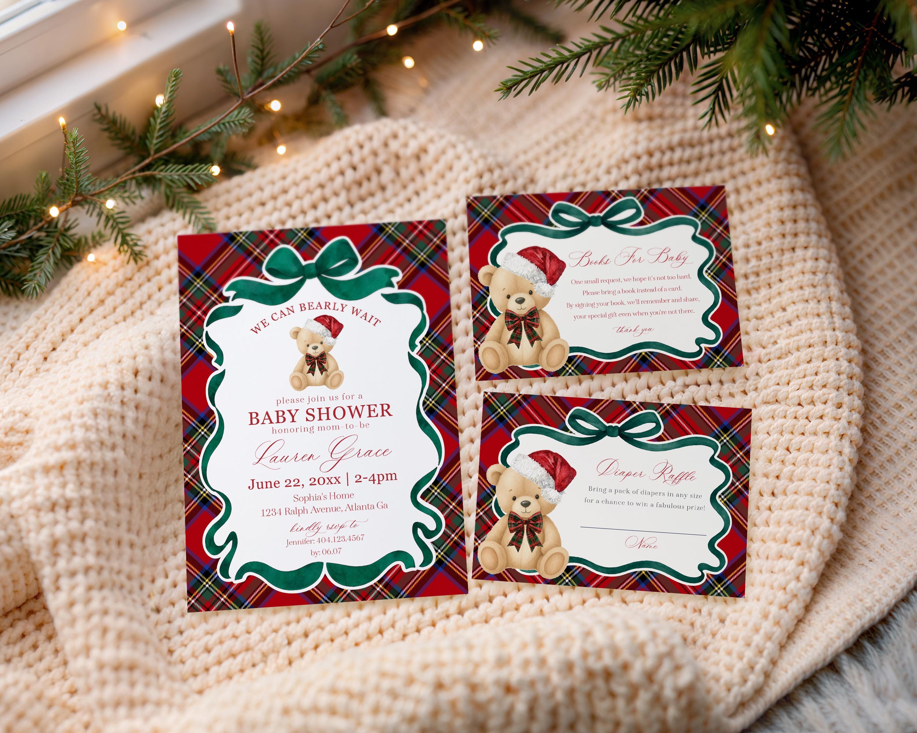 Red Tartan Plaid Christmas Bear Baby Shower Invitation Template, We Can Bearly Wait Christmas Baby Sprinkle, December Nesting Party WP1082