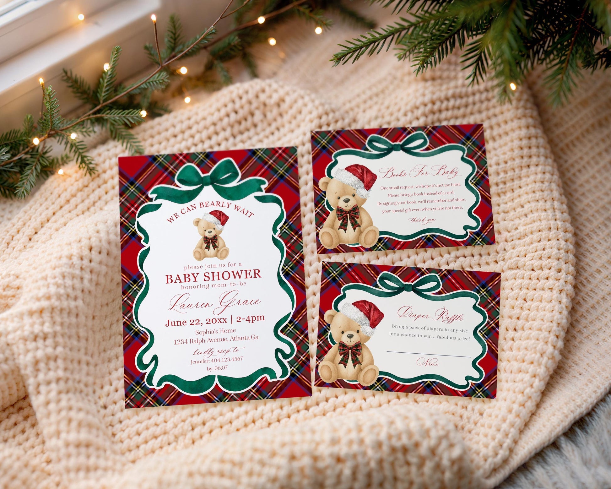 Red Tartan Plaid Christmas Bear Baby Shower Invitation Template, We Can Bearly Wait Christmas Baby Sprinkle, December Nesting Party WP1082