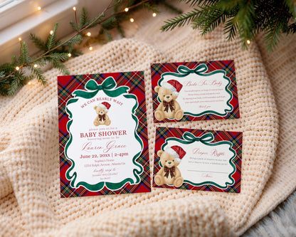 Red Tartan Plaid Christmas Bear Baby Shower Invitation Template, We Can Bearly Wait Christmas Baby Sprinkle, December Nesting Party WP1082