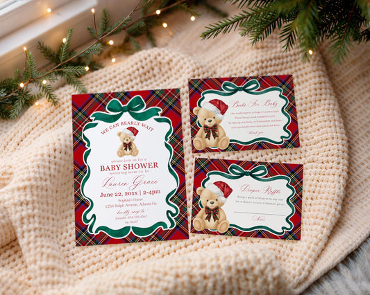 Red Tartan Plaid Christmas Bear Baby Shower Invitation Template, We Can Bearly Wait Christmas Baby Sprinkle, December Nesting Party WP1082
