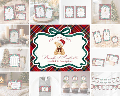 Red Tartan Plaid Christmas Bear Baby Shower Welcome Sign Template, We Can Bearly Wait Christmas Baby Sprinkle, December Nesting Party WP1082
