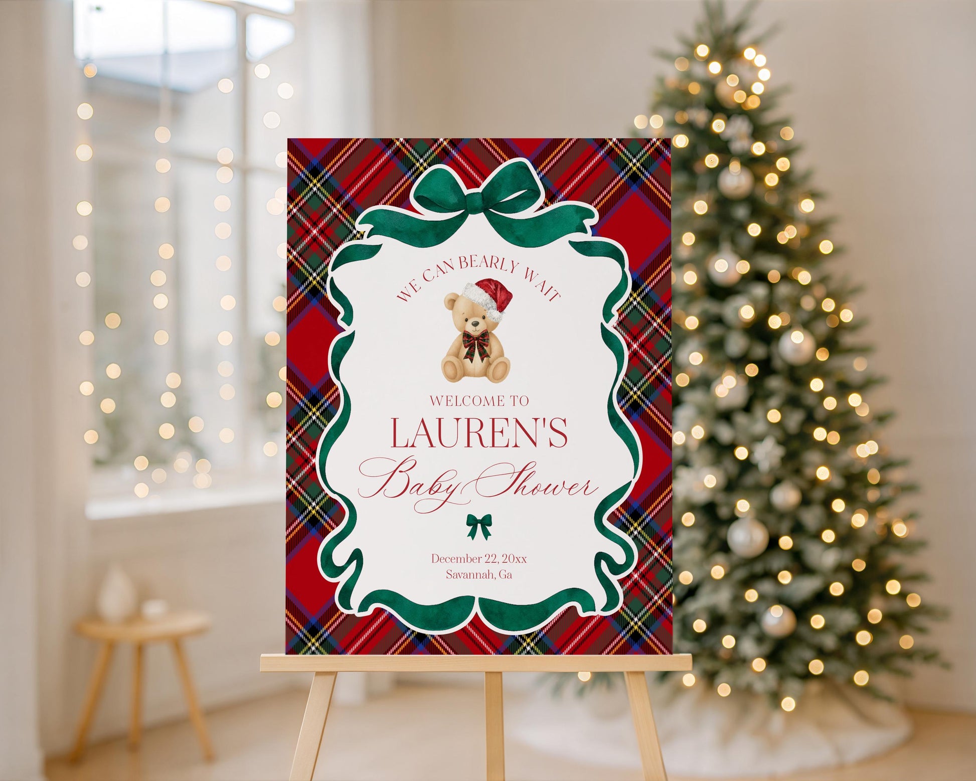Red Tartan Plaid Christmas Bear Baby Shower Welcome Sign Template, We Can Bearly Wait Christmas Baby Sprinkle, December Nesting Party WP1082
